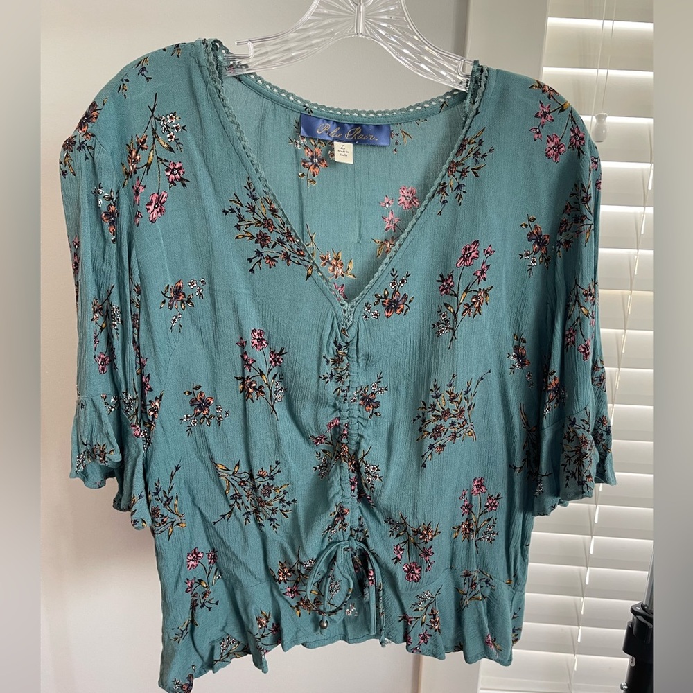 Blue Rain Teal Floral Tie-Front Blouse